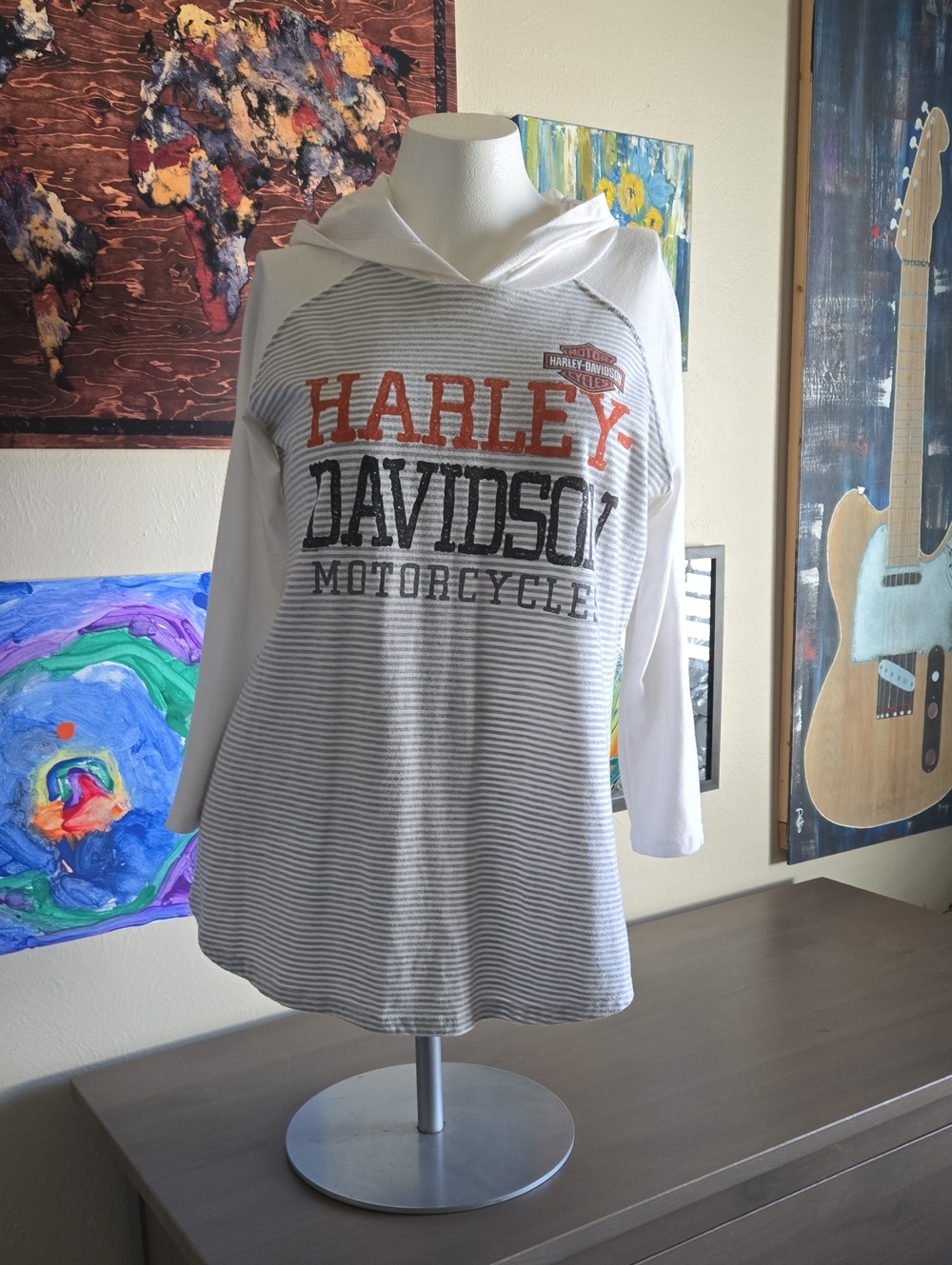 Harley-Davidson White & Gray Striped Raglan Hoodie with Orange Logo